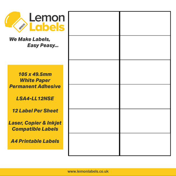 LSA4-LL12NSE - 105 x 49.5mm White Paper With Permanent Adhesive Labels, 12 labels to an A4 sheet, 500 sheets