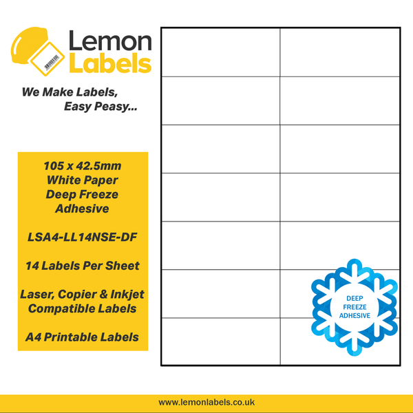 LSA4-LL14NSE-DF - 105 x 42.5mm White Paper With Deep Freeze Adhesive Labels, 14 labels to an A4 sheet, 100 sheets