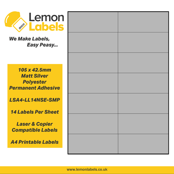 LSA4-LL14NSE-SMP - 105 x 42.5mm Matt Silver Polyester With Permanent Adhesive Labels, 14 labels to an A4 sheet, 100 sheets