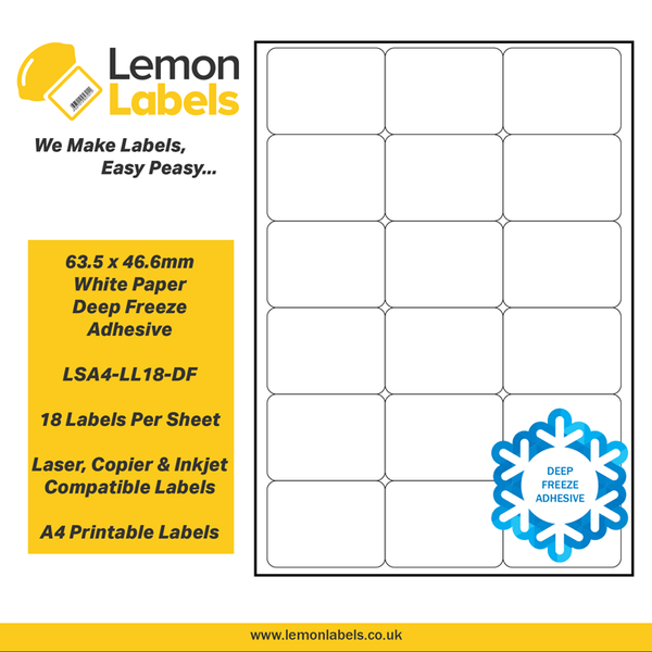 LSA4-LL18-DF - 63.5 x 46.6mm White Paper With Deep Freeze Adhesive Labels, 18 labels to an A4 sheet, 100 sheets