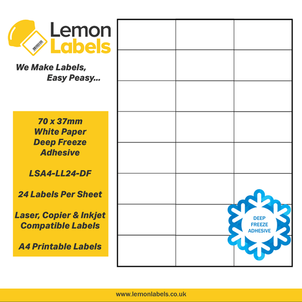 LSA4-LL24NSE-DF - 70 x 37mm White Paper With Deep Freeze Adhesive Labels, 24 labels to an A4 sheet, 100 sheets