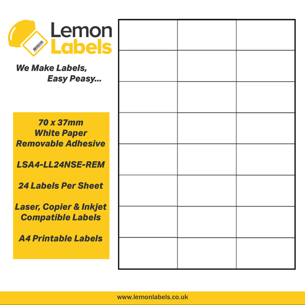 LSA4-LL24NSE-REM - 70 x 37mm White Paper With Removable Adhesive Labels, 24 labels to an A4 sheet, 100 sheets