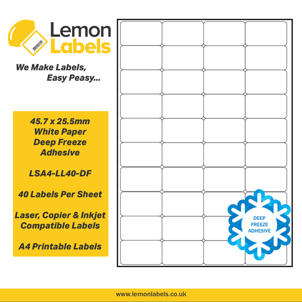 LSA4-LL40-DF - 45.7 x 25.5mm White Paper With Deep Freeze Adhesive Labels, 40 labels to an A4 sheet, 100 sheets