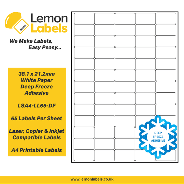 LSA4-LL65-DF - 38.1 x 21.2mm White Paper With Deep Freeze Adhesive Labels, 65 labels to an A4 sheet, 100 sheets