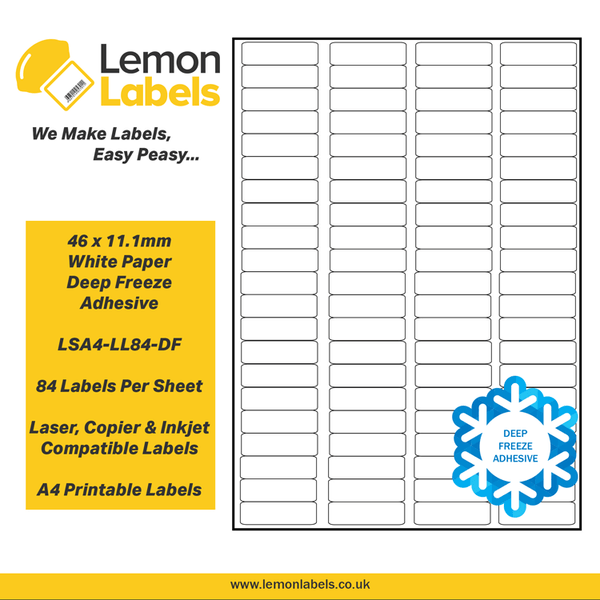 LSA4-LL84-DF - 46 x 11.1mm White Paper With Deep Freeze Adhesive Labels, 84 labels to an A4 sheet, 100 sheets