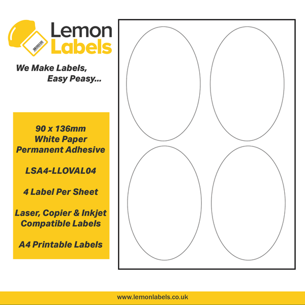 LSA4-LLOVAL04 - 90 x 136mm White Paper With Permanent Adhesive Labels, 4 labels to an A4 sheet, 500 sheets
